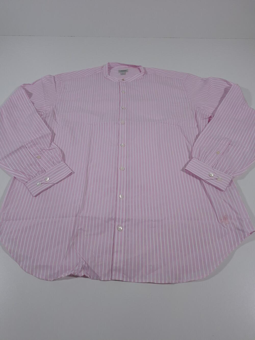 J. Peterman Shirt Men's L Pink Stripe Grandad Band Collar Long Sleeve Button Up